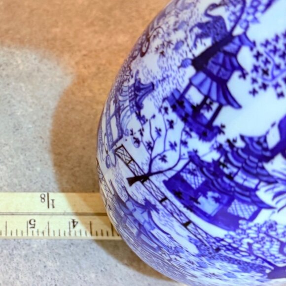 Asian Pagoda Toile Porcelain Egg Blue White Oriental Landscape Hanging Loop Deco - Picture 10 of 11
